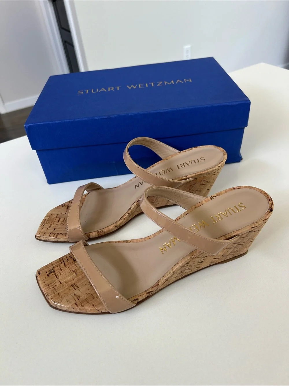Stuart Weitzman aleena 50 wedge open toe sandals heels adobe tan 7.5